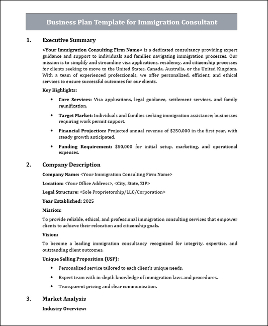 Business Plan Template for Immigration Consultant Free Download