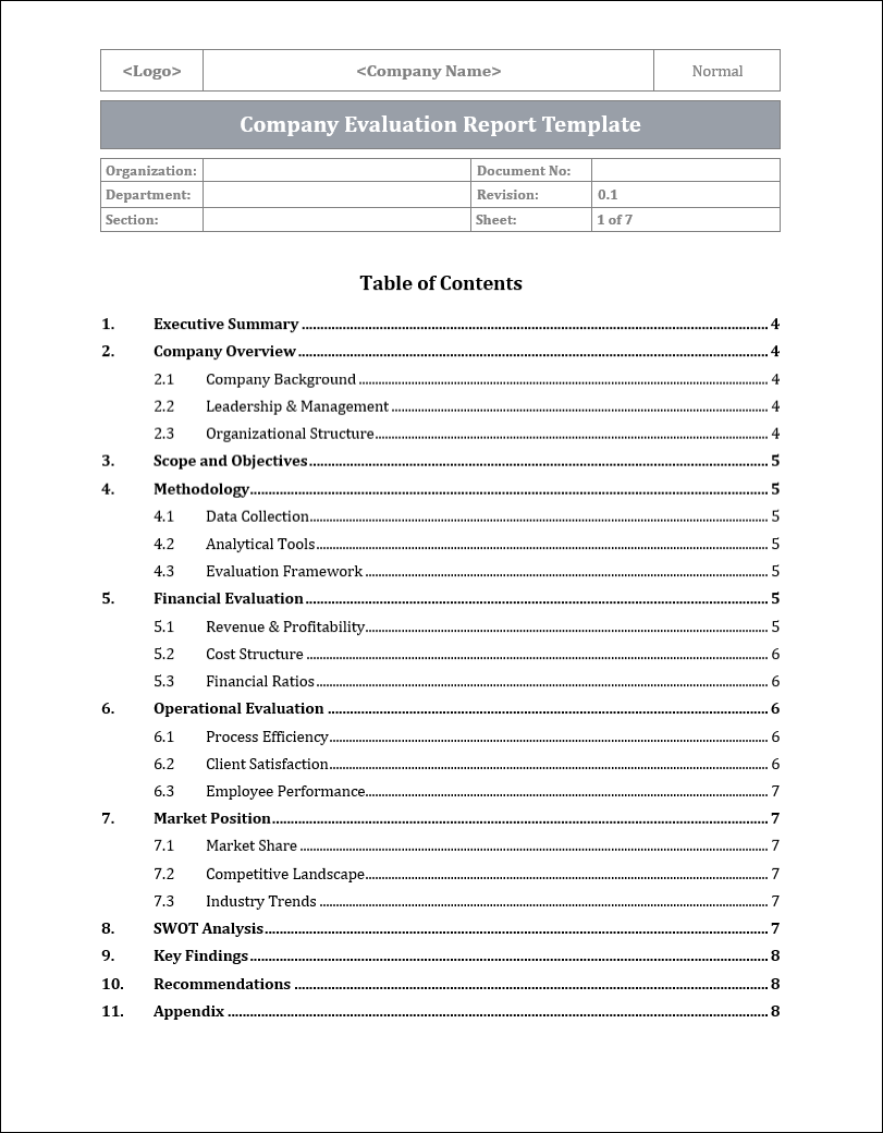 Company Evaluation Report Template Free Download