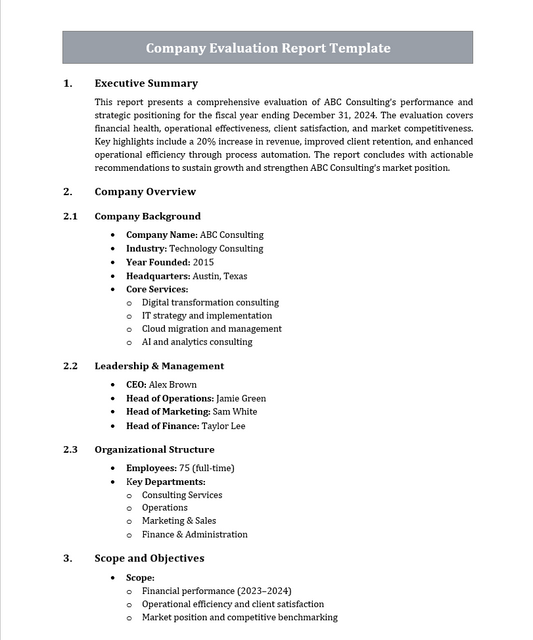Company Evaluation Report Template Free Download
