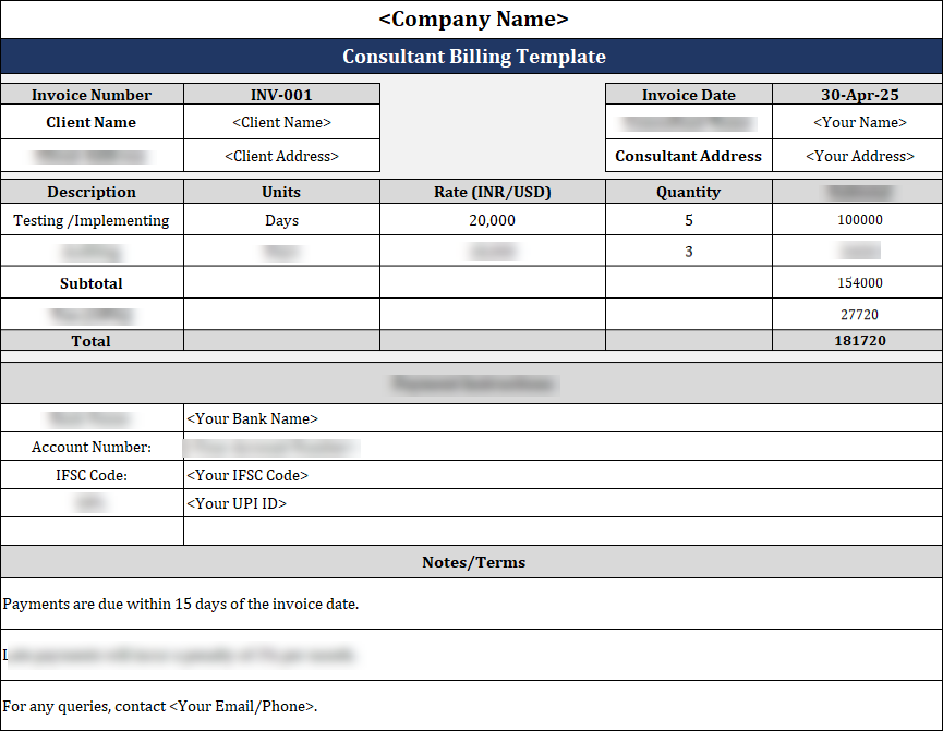 Consultant Billing Template Free Download