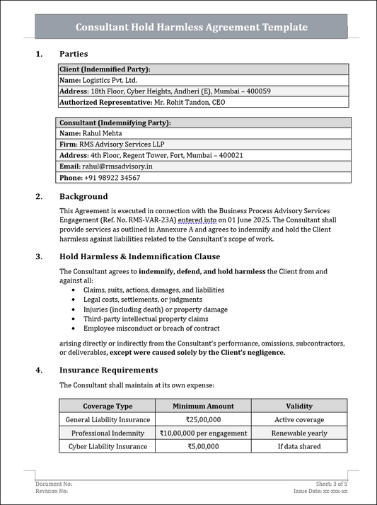 Consultant Hold Harmless Agreement Template Free Download