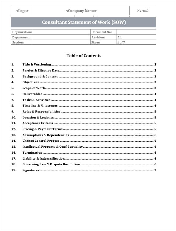 Consultant Statement of Work Template (SOW) Free Download Consultant Docs