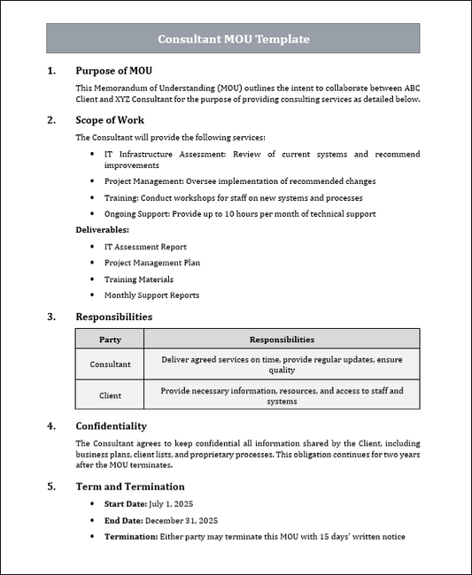 Consultant MOU Template Free Downloads