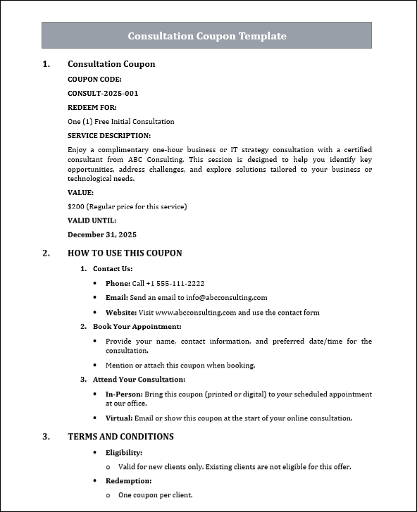 Consultation Coupon Template Free Download