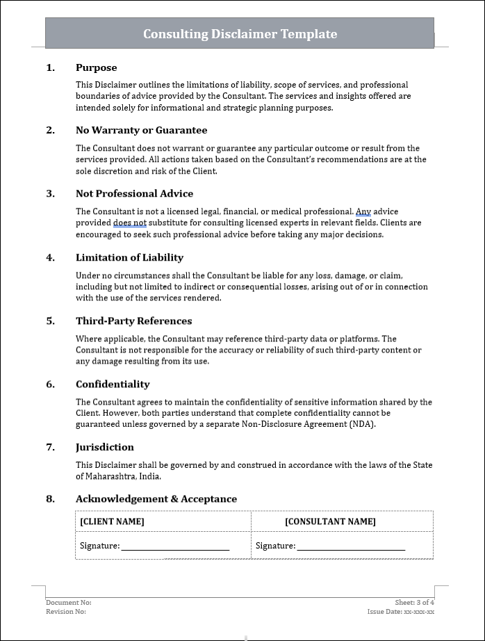 Consulting Disclaimer Template Free Download