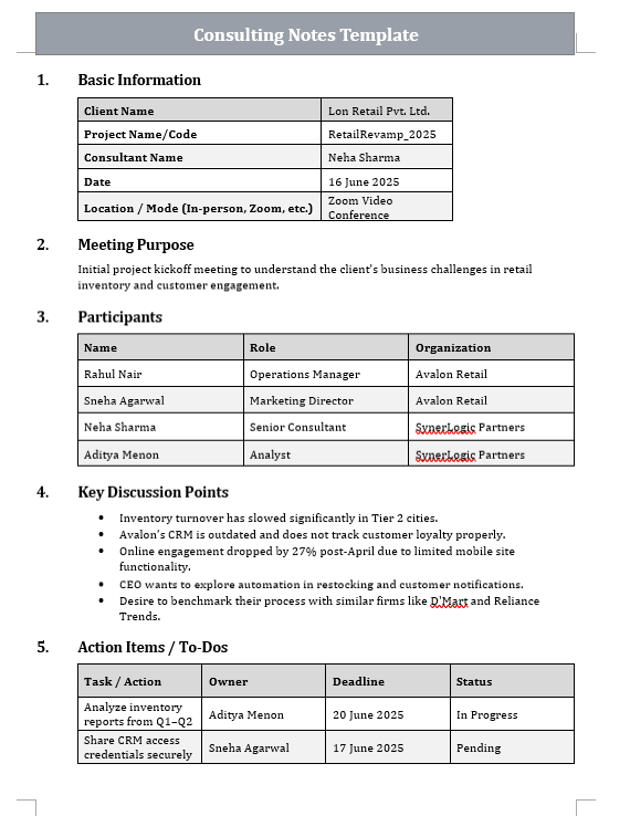 Consulting Notes Template Free Download