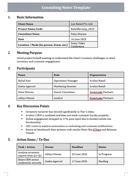 Consulting Notes Template Free Download
