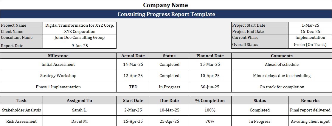 Consulting Progress Report Template Free Download
