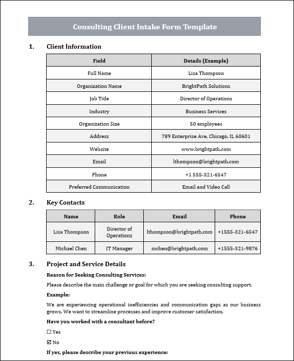 Consulting Client Intake Form Template Free Download