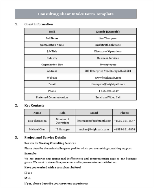Consulting Client Intake Form Template Free Download