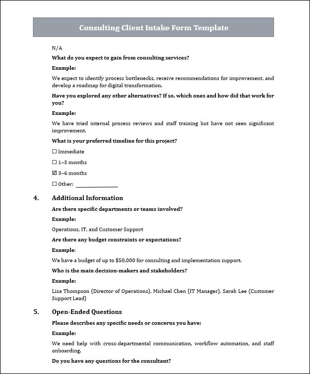 Consulting Client Intake Form Template Free Download