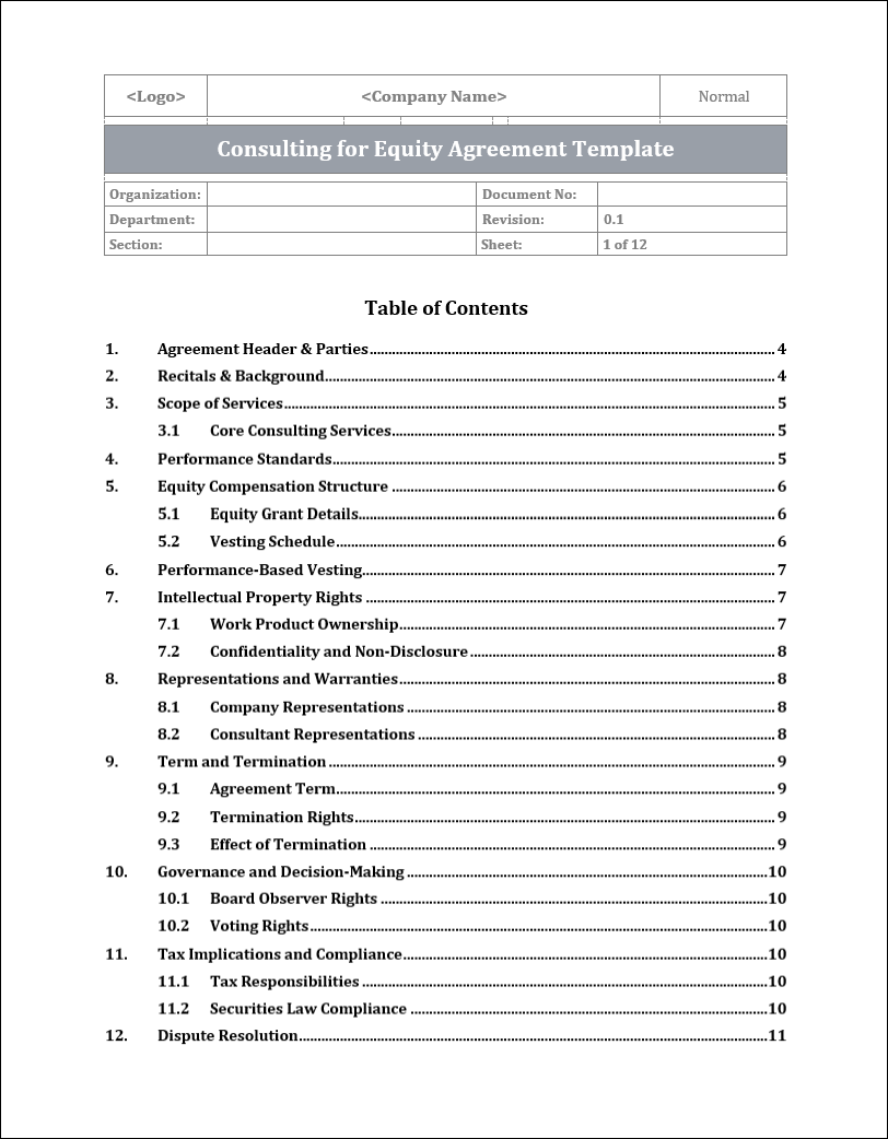Consulting For Equity Agreement Template Free Download