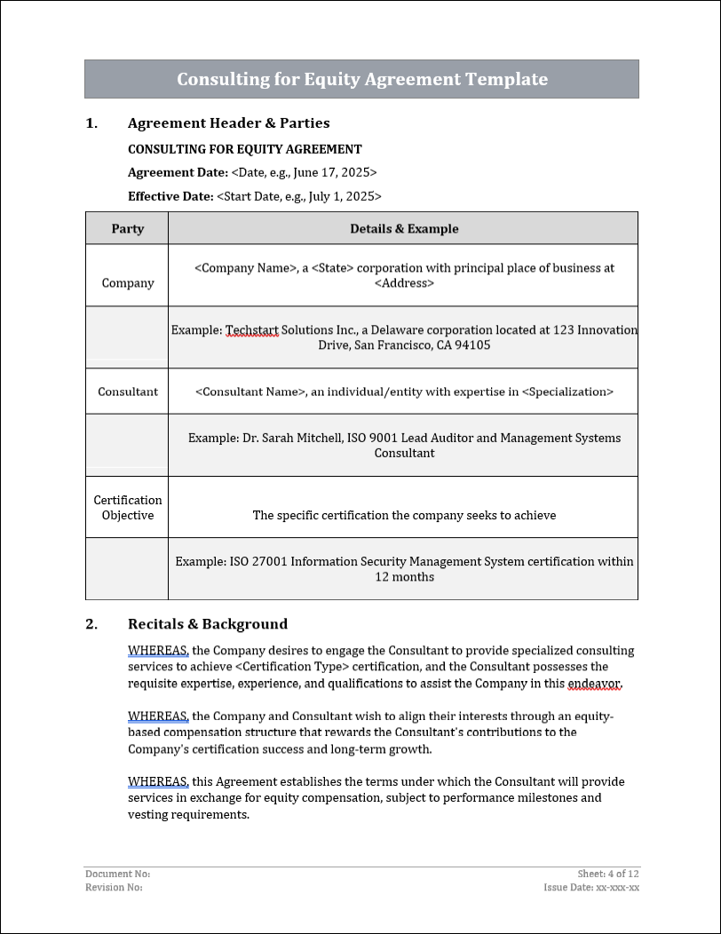 Consulting For Equity Agreement Template Free Download