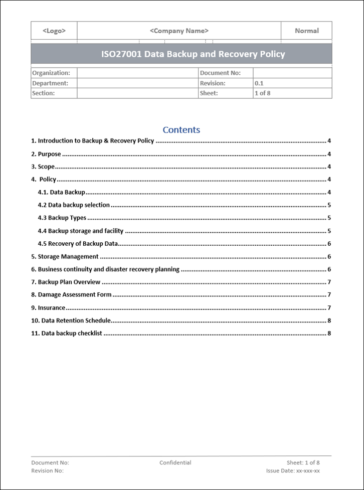 Data backup and recovery policy, Data backup and recovery