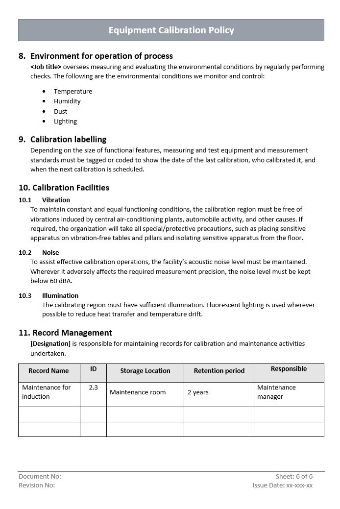Equipment Calibration Policy Record Management