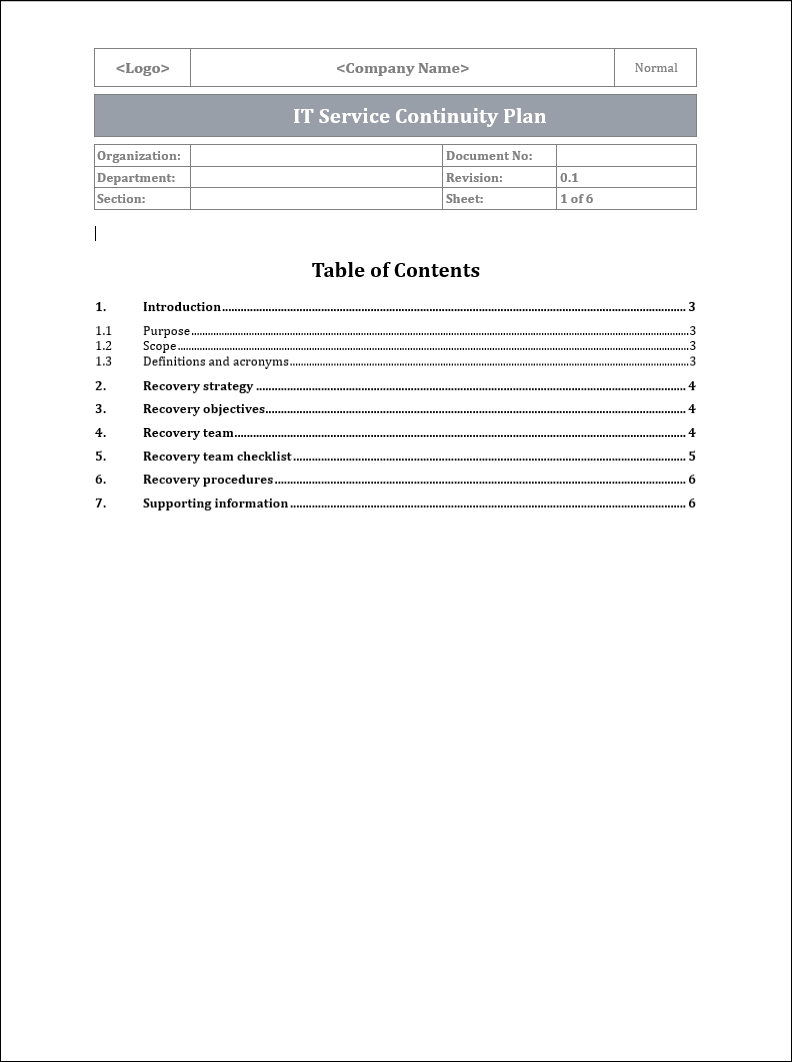 IT service continuity plan, service continuity plan