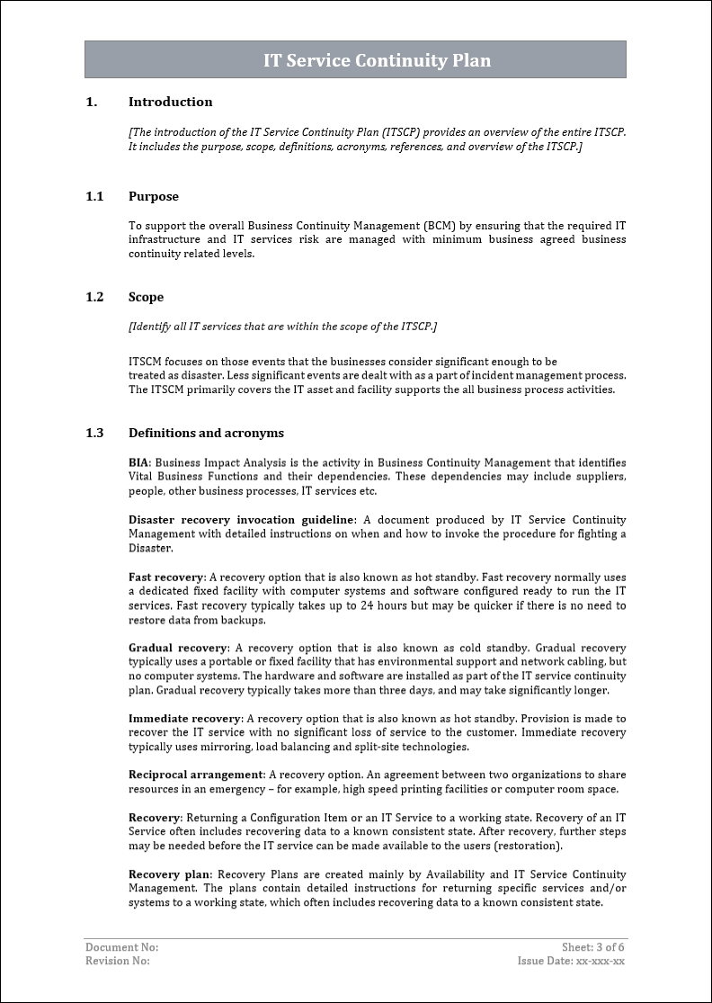 IT service continuity plan, service management