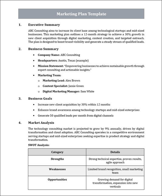 Marketing Plan Template Free Download