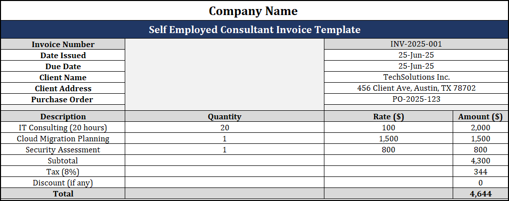 Self Employed Consultant Invoice Template Free Download