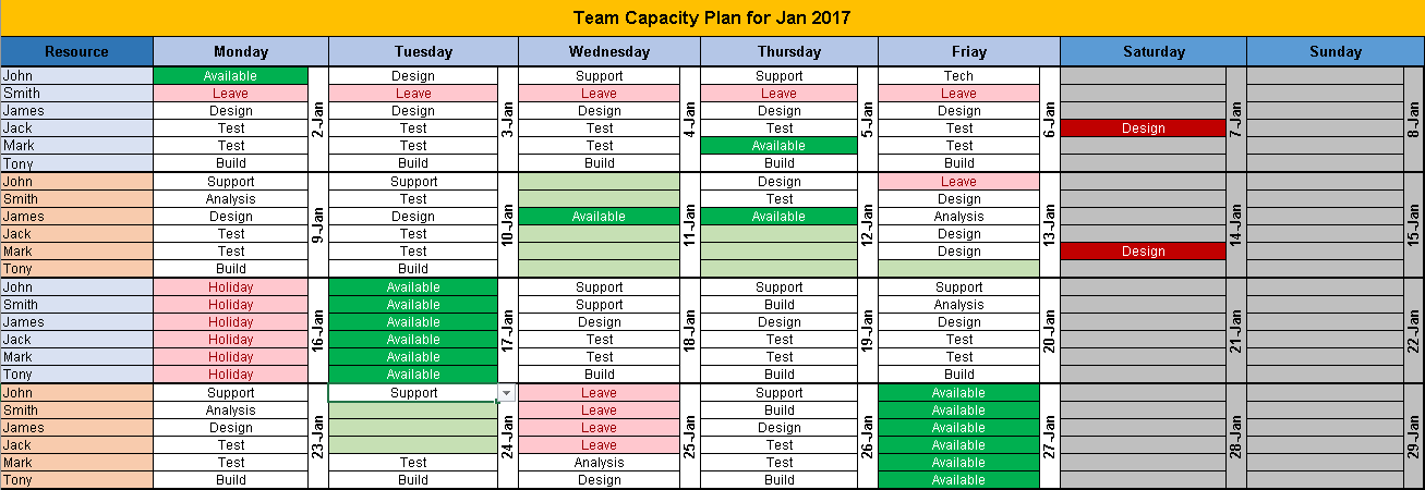 Team Task Planning Excel Calendar