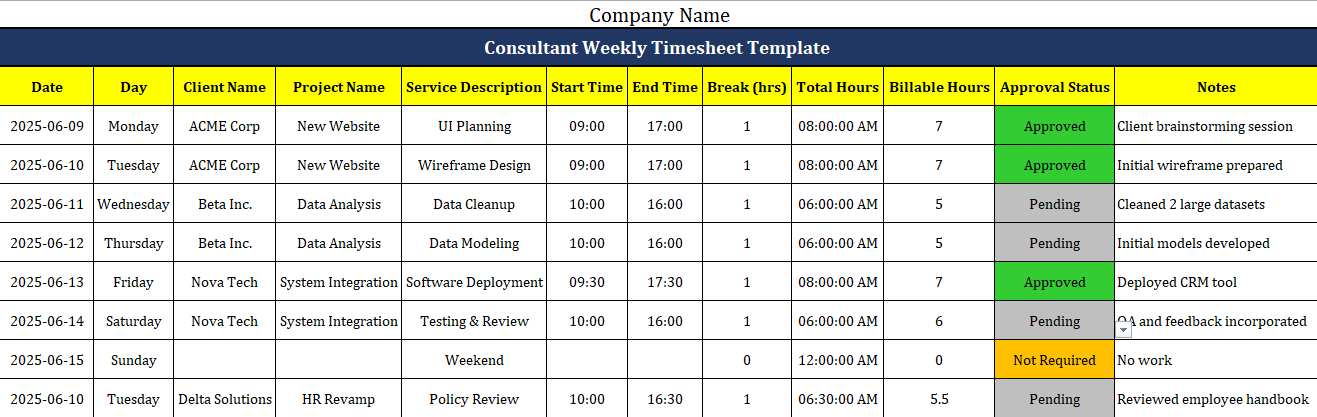 Consultant Weekly Timesheet Template Free Download