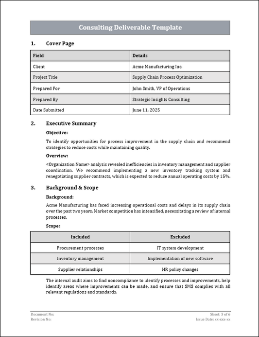 Consulting Deliverable Template Free Download