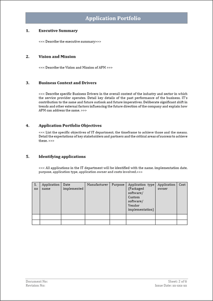 Application portfolio template, Application portfolio