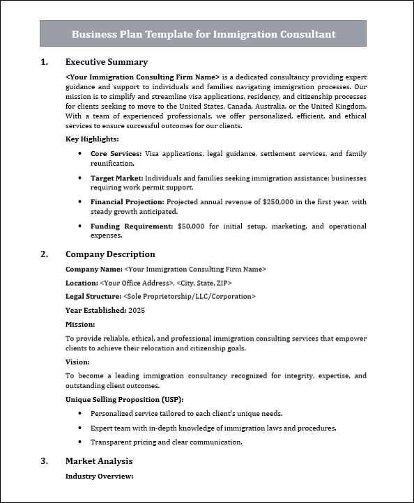 Business Plan Template for Immigration Consultant Free Download