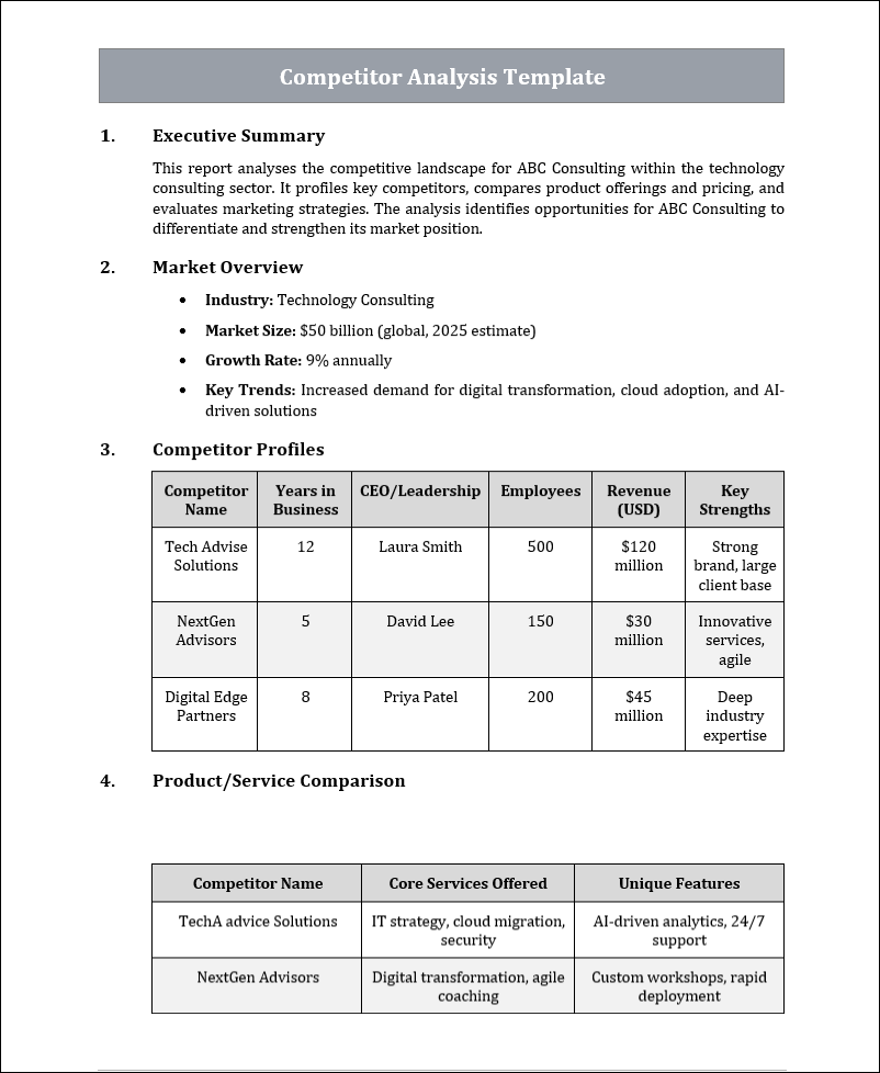 Competitor Analysis Template Free Download – Consultant Docs