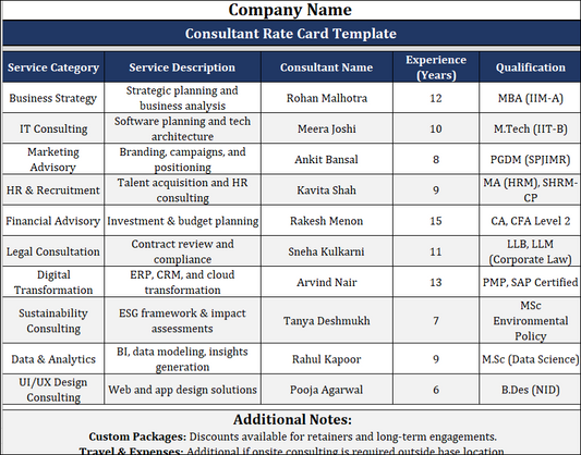 Consultant Rate Card Template
