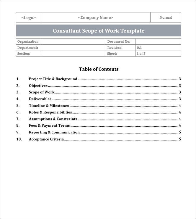 Consultant Scope of Work Template Free Download Consultant Docs