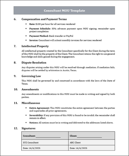 Consultant MOU Template Free Downloads