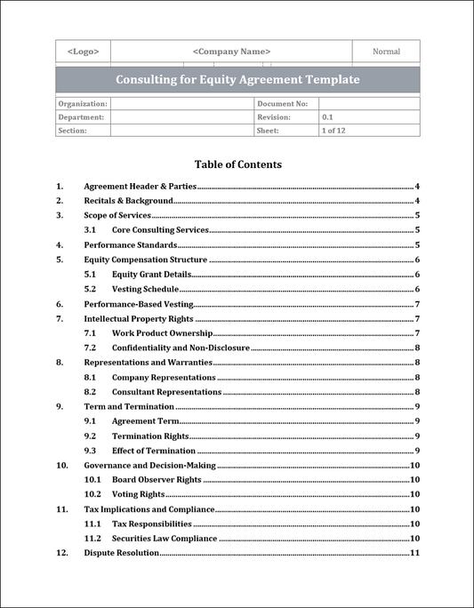 Consulting For Equity Agreement Template Free Download