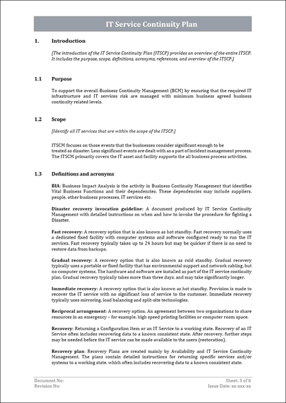 IT service continuity plan, service management