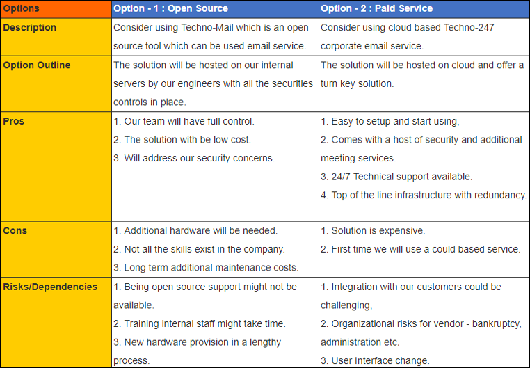 Project Options Paper Excel Template
