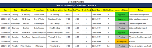 Consultant Weekly Timesheet Template Free Download