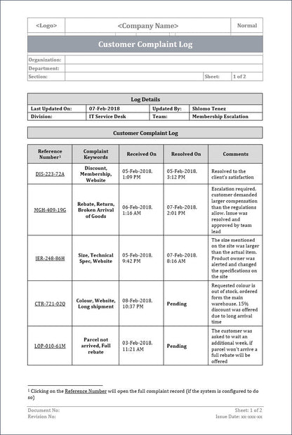customer complaint log, ITSM customer complaint log