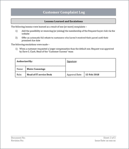customer complaint log, ITSM customer complaint log