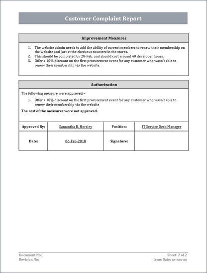 customer complaint report, ITSM customer complaint report